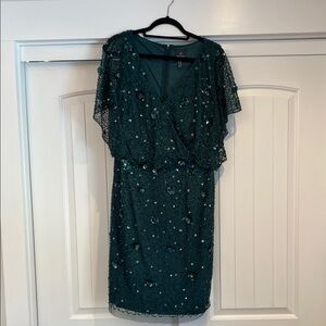 Green Embellished Sheath Dress with Flutter Sleeves